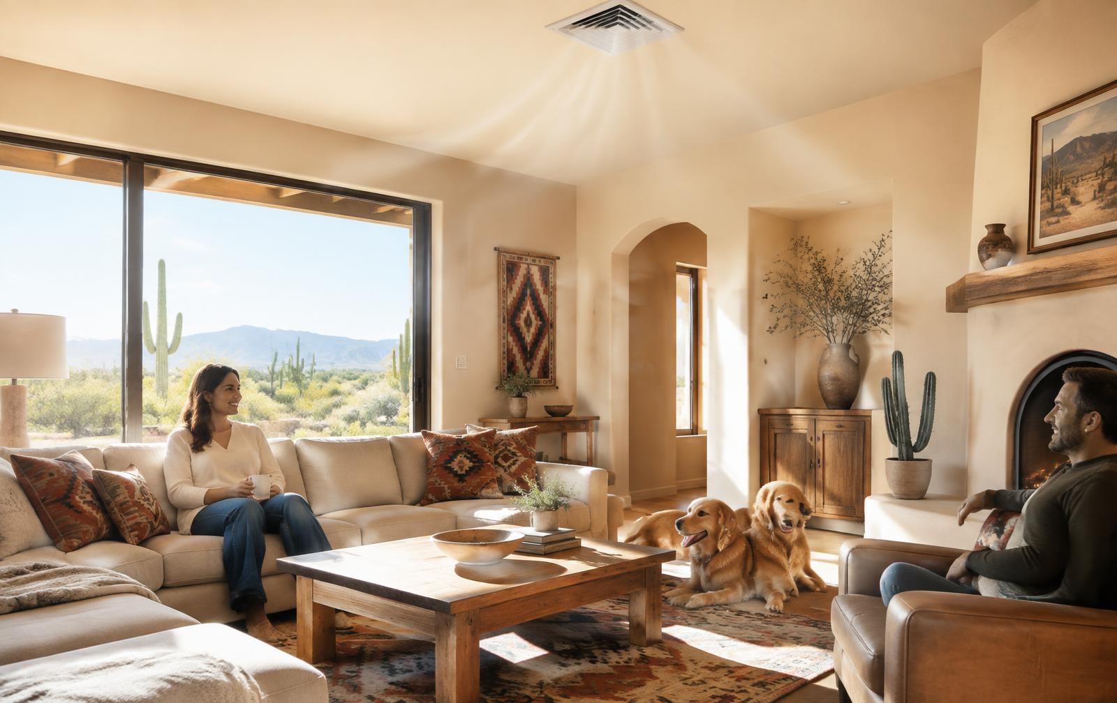 Bright Arizona living room with clean air flowing from a ceiling vent