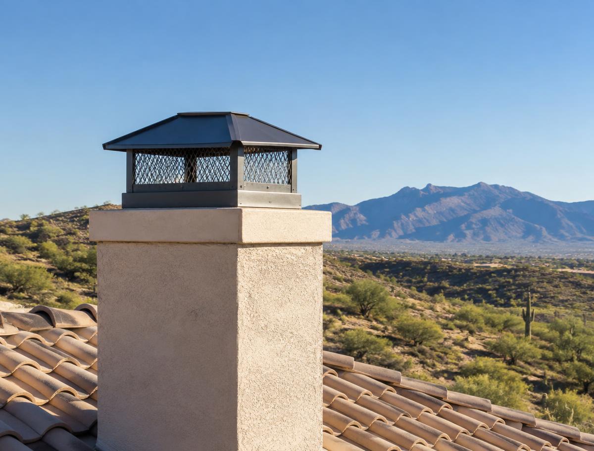 Clean rooftop chimney cap with Arizona desert mountains