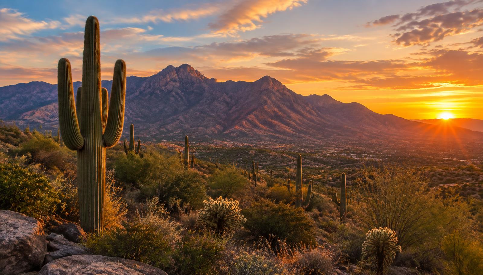 Tucson desert landscape with mountains and sunset sky